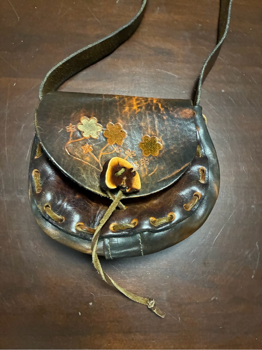 Vintage Hand-Tooled Brown Leather Floral Crossbody Bag